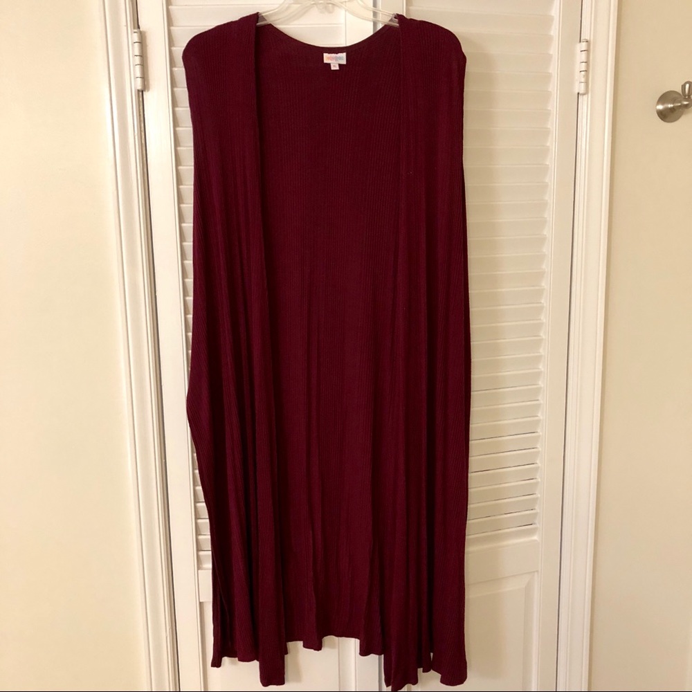 Soft Ribbed-Knit LuLaRoe Joy Long Vest Burgundy